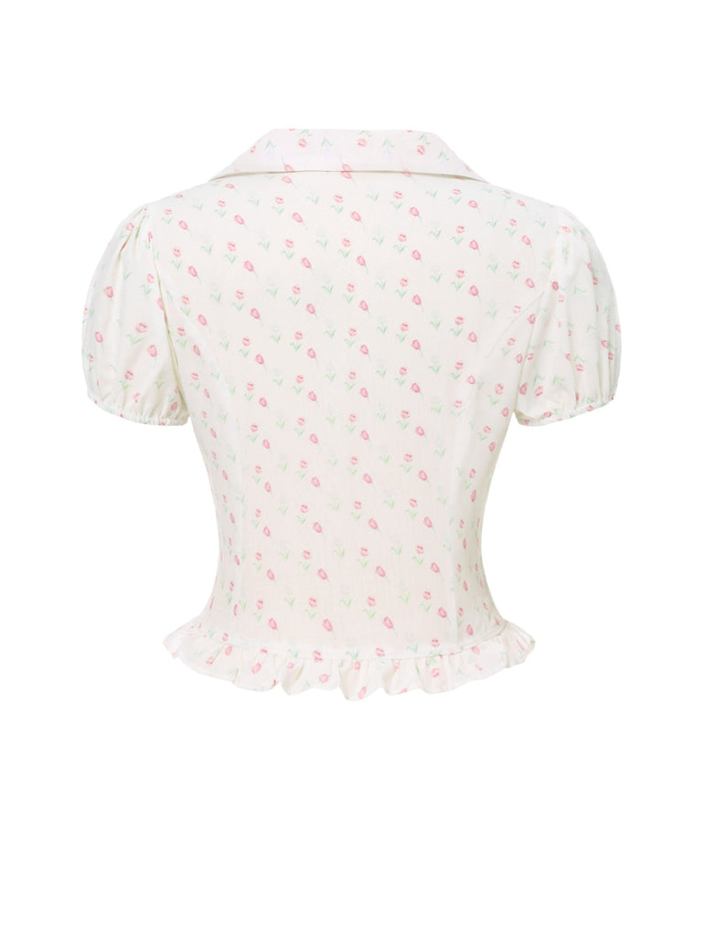 Camicetta a tulipano e revers a balze rosa anni '40