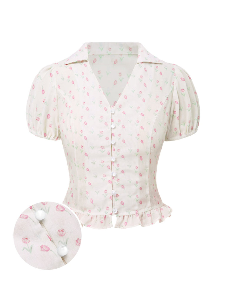 Camicetta a tulipano e revers a balze rosa anni '40