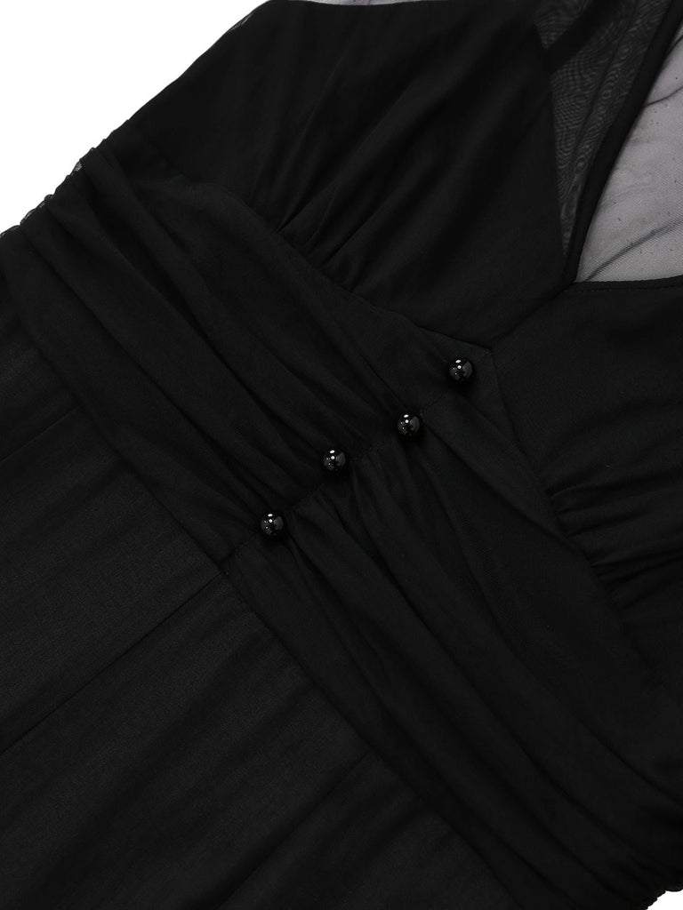 Tuta lunga in rete plissettata patchwork nero anni '30