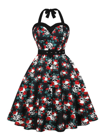 Abito con teschio e rose Halloween nero anni '50