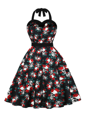 Abito con teschio e rose Halloween nero anni '50