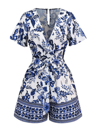 Tuta corta floreale blu-bianca-porcellana con cintura anni '50