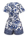 Tuta corta floreale blu-bianca-porcellana con cintura anni '50