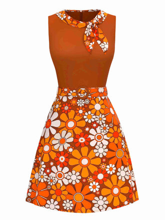 Abito boho psichedelico floreale arancione anni '60