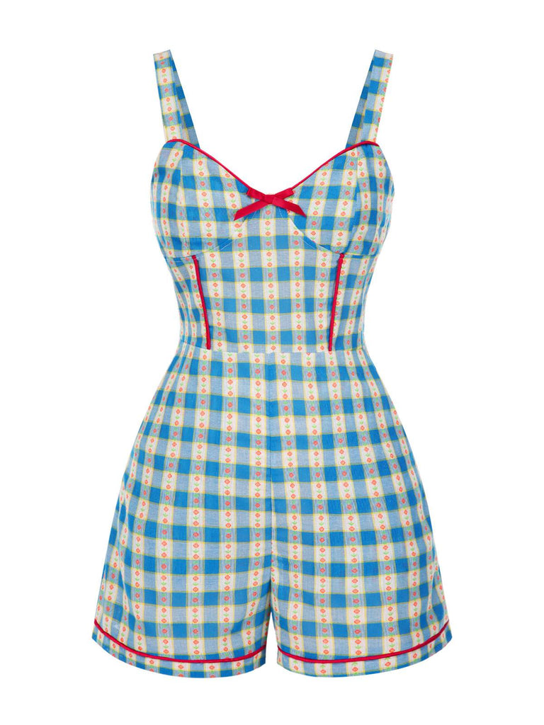 Tuta corta floreale a quadri con fiocco blu anni '50