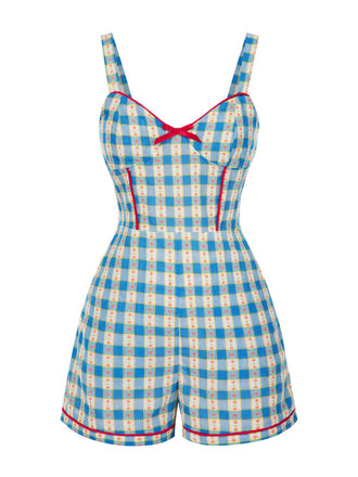 Tuta corta floreale a quadri con fiocco blu anni '50