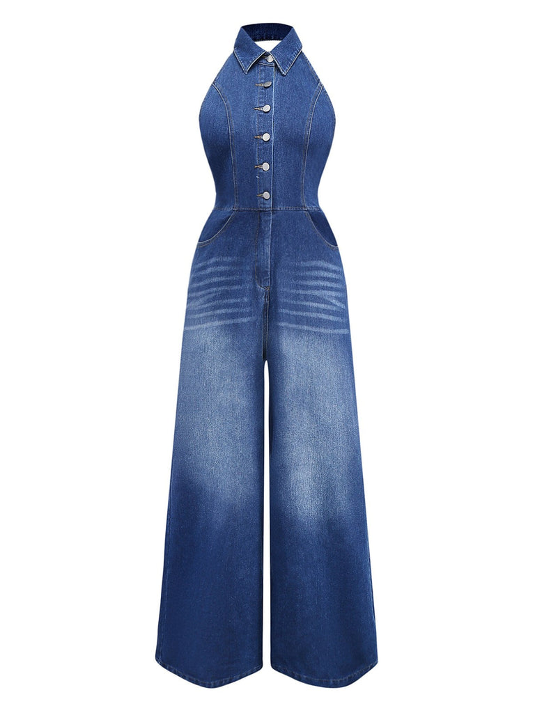 Tuta lunga denim a gamba larga con risvolto blu anni '30