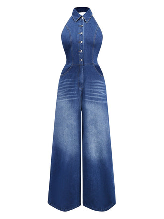 Tuta lunga denim a gamba larga con risvolto blu anni '30