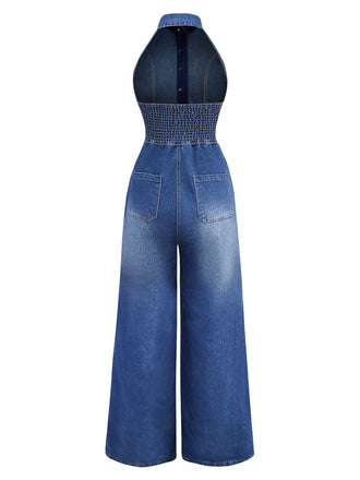 Tuta lunga denim a gamba larga con risvolto blu anni '30