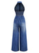 Tuta lunga denim a gamba larga con risvolto blu anni '30