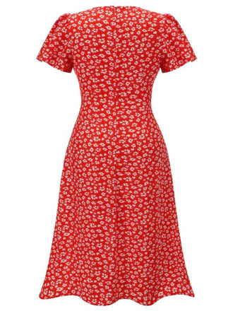 [Taglia Forti] Abito rosso floreale scollo a V bottoni aggiunti anni '40
