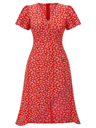 [Taglia Forti] Abito rosso floreale scollo a V bottoni aggiunti anni '40
