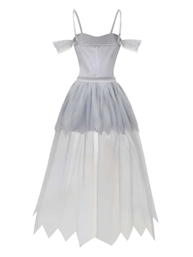 Abito da sposa zombie in pizzo e rete Halloween bianco anni '60