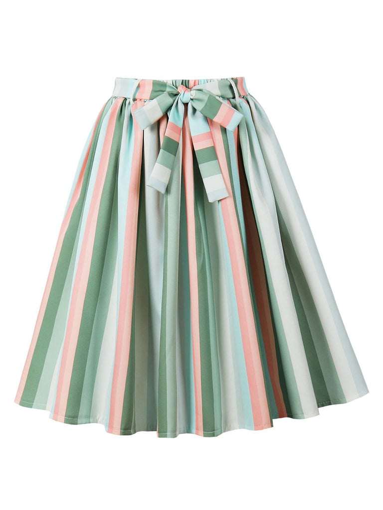 Gonna a righe colorate con fiocco grigio-verde anni '50