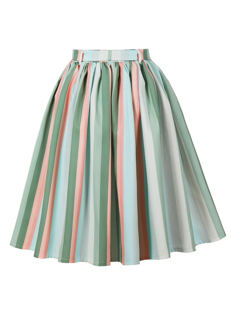 Gonna a righe colorate con fiocco grigio-verde anni '50