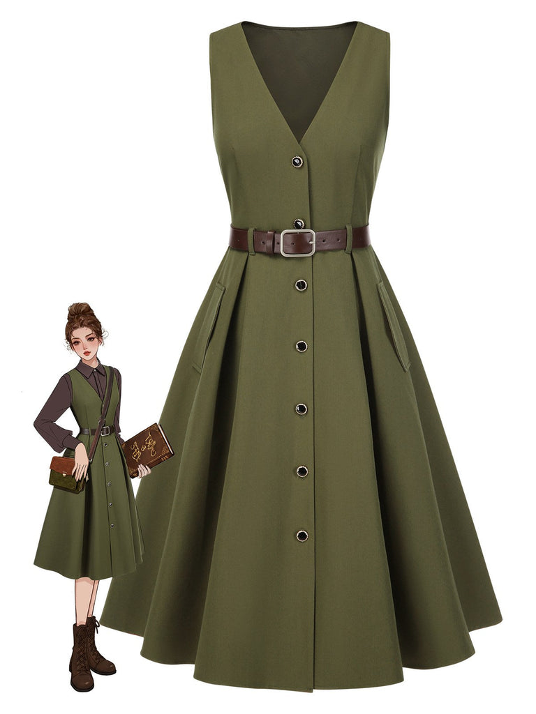 Abito con scollo a V e tasche e cintura verde anni '50