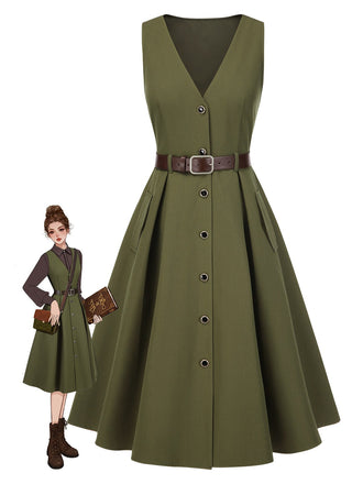 Abito con scollo a V e tasche e cintura verde anni '50