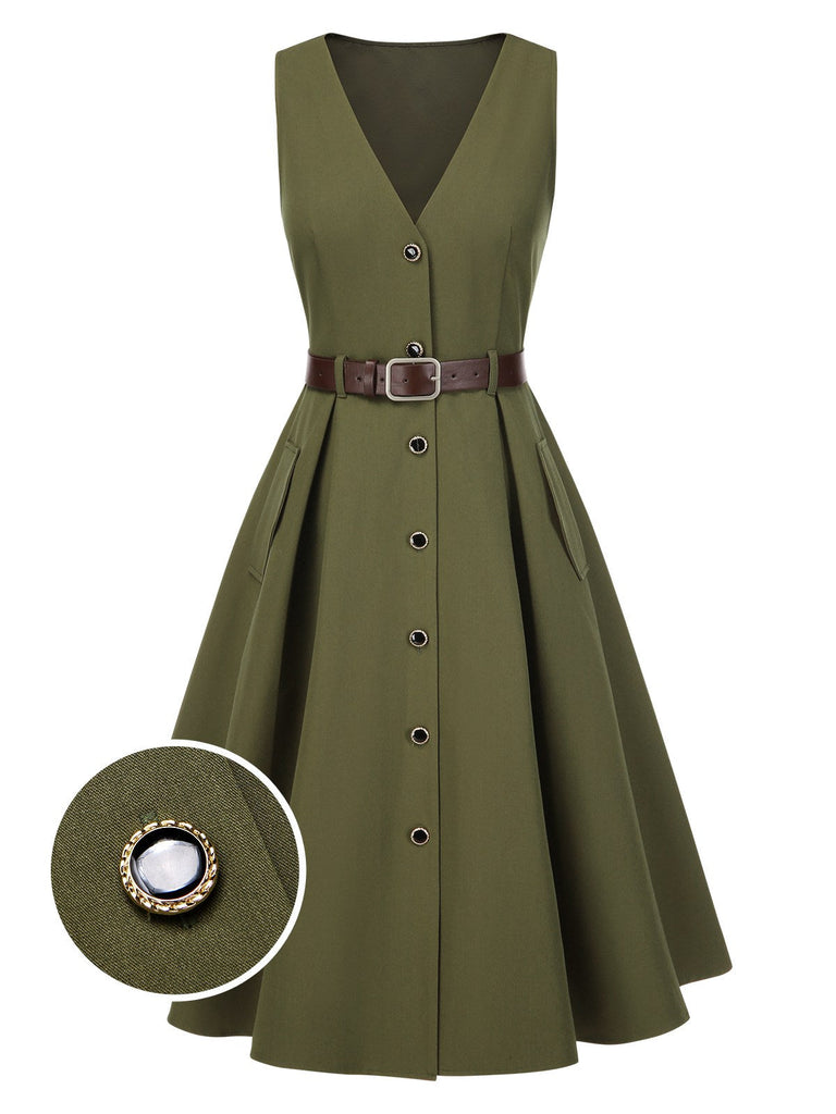 Abito con scollo a V e tasche e cintura verde anni '50