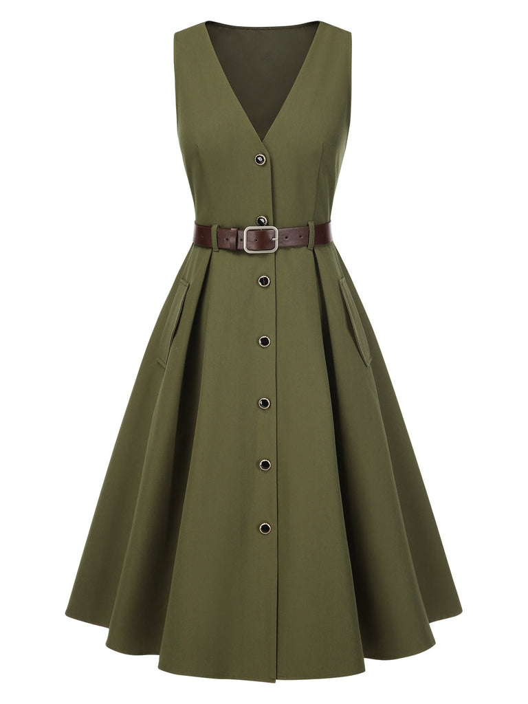 Abito con scollo a V e tasche e cintura verde anni '50