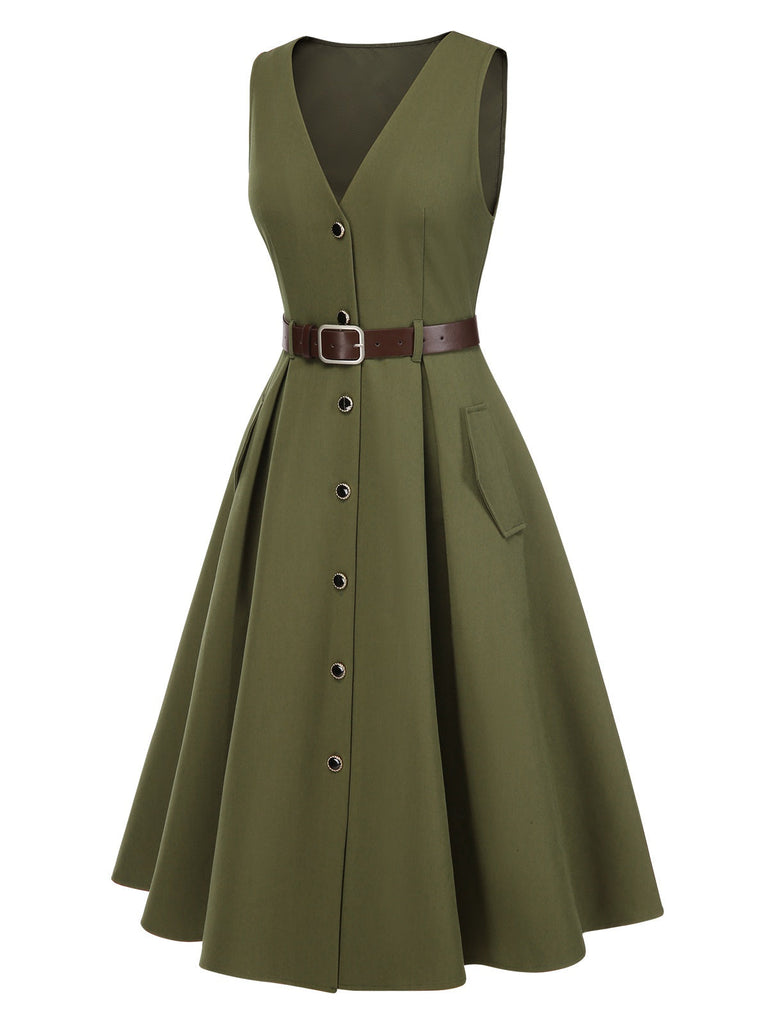 Abito con scollo a V e tasche e cintura verde anni '50