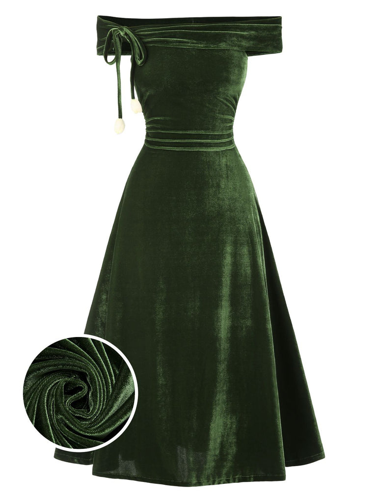 Abito Bardot in velluto arricciature e spalle scoperte verde anni '40