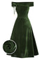 Abito Bardot in velluto arricciature e spalle scoperte verde anni '40