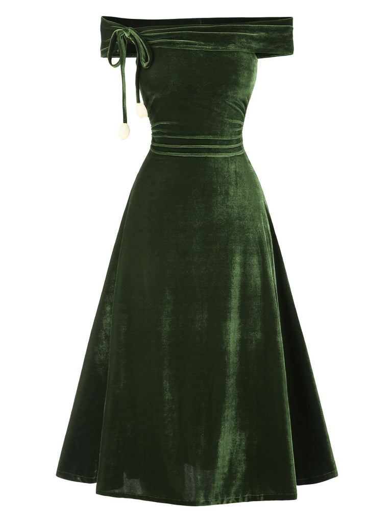 Abito Bardot in velluto arricciature e spalle scoperte verde anni '40