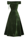 Abito Bardot in velluto arricciature e spalle scoperte verde anni '40