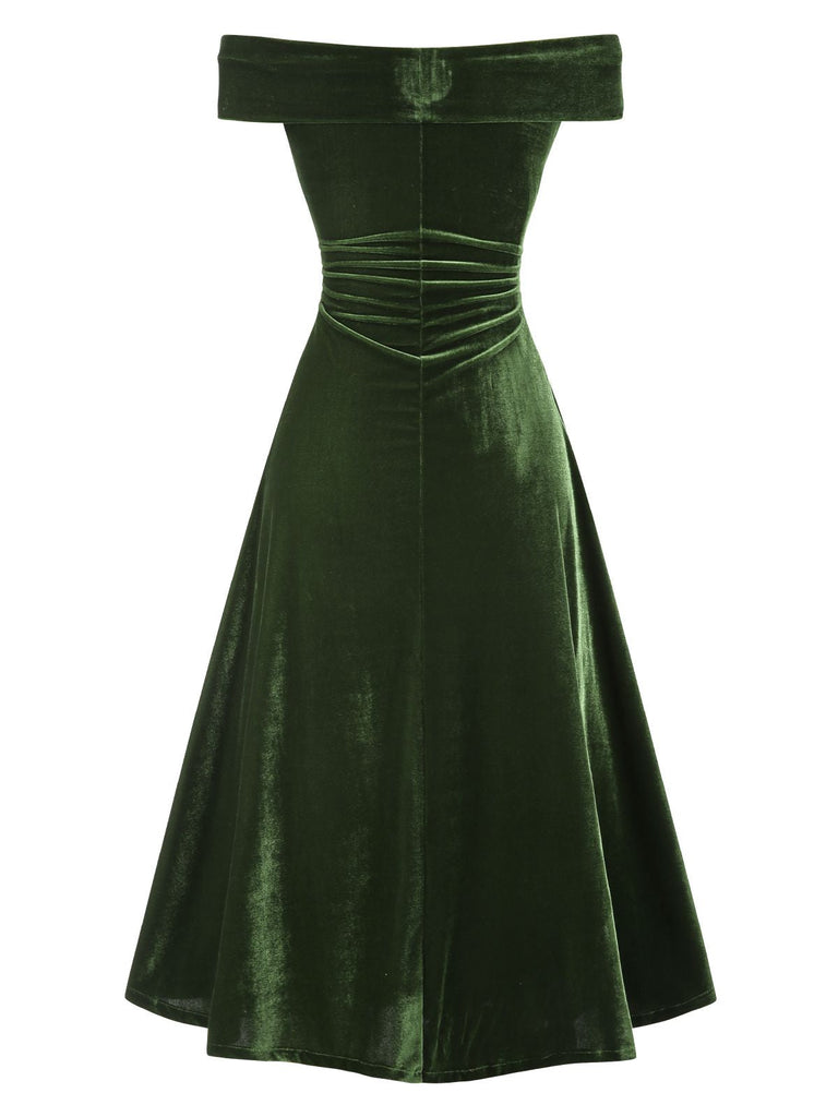 Abito Bardot in velluto arricciature e spalle scoperte verde anni '40