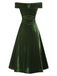 Abito Bardot in velluto arricciature e spalle scoperte verde anni '40