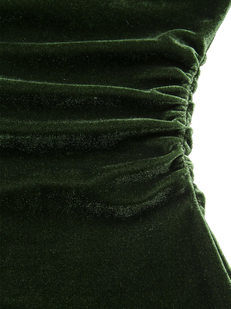 Abito Bardot in velluto arricciature e spalle scoperte verde anni '40