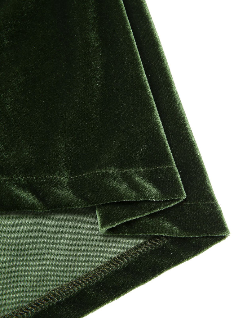 Abito Bardot in velluto arricciature e spalle scoperte verde anni '40