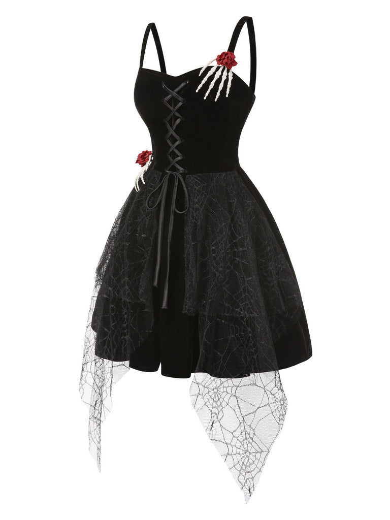 Abito con mano scheletro e ragnatela e rosa nero anni '50
