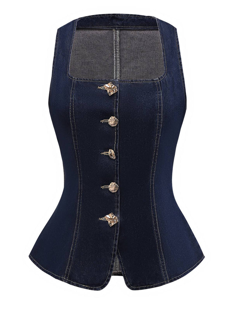 Gilet in denim con bottoni e scollo quadrato blu anni '50