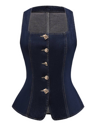 Gilet in denim con bottoni e scollo quadrato blu anni '50