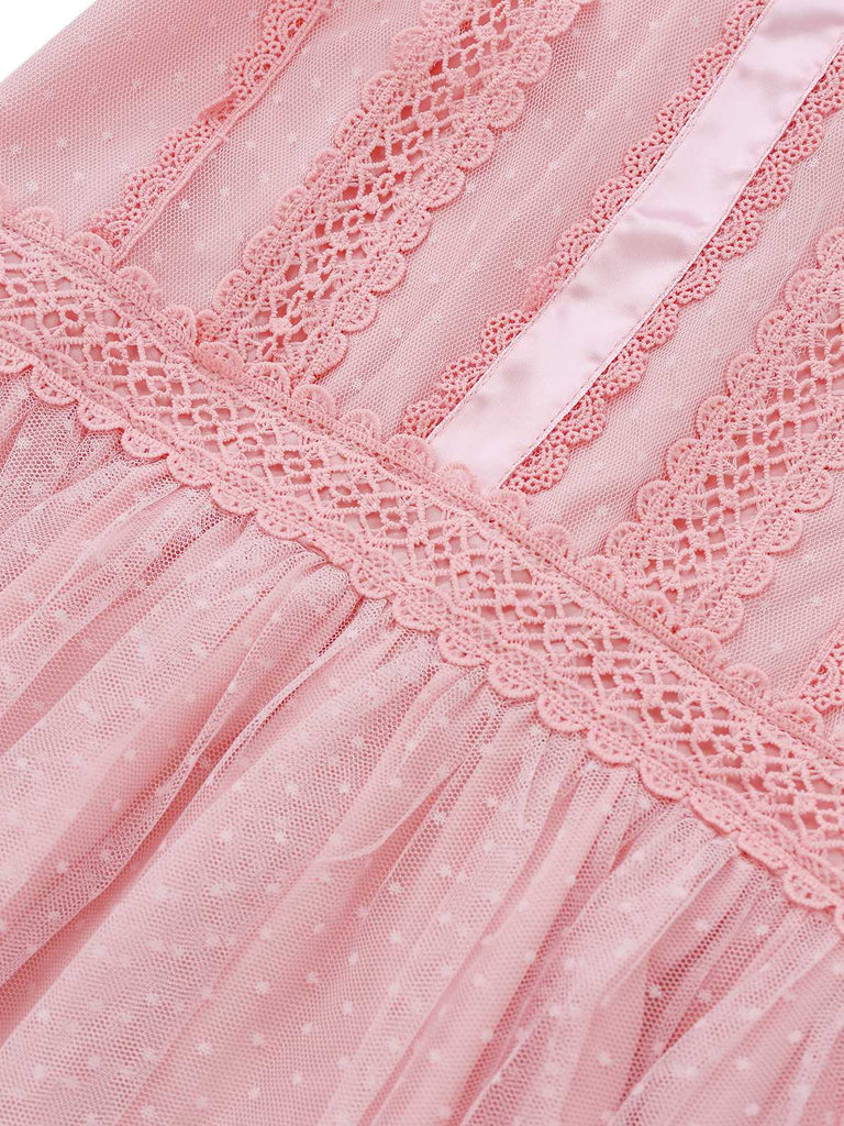 Abito in tulle senza maniche con fiocco in pizzo rosa anni '60