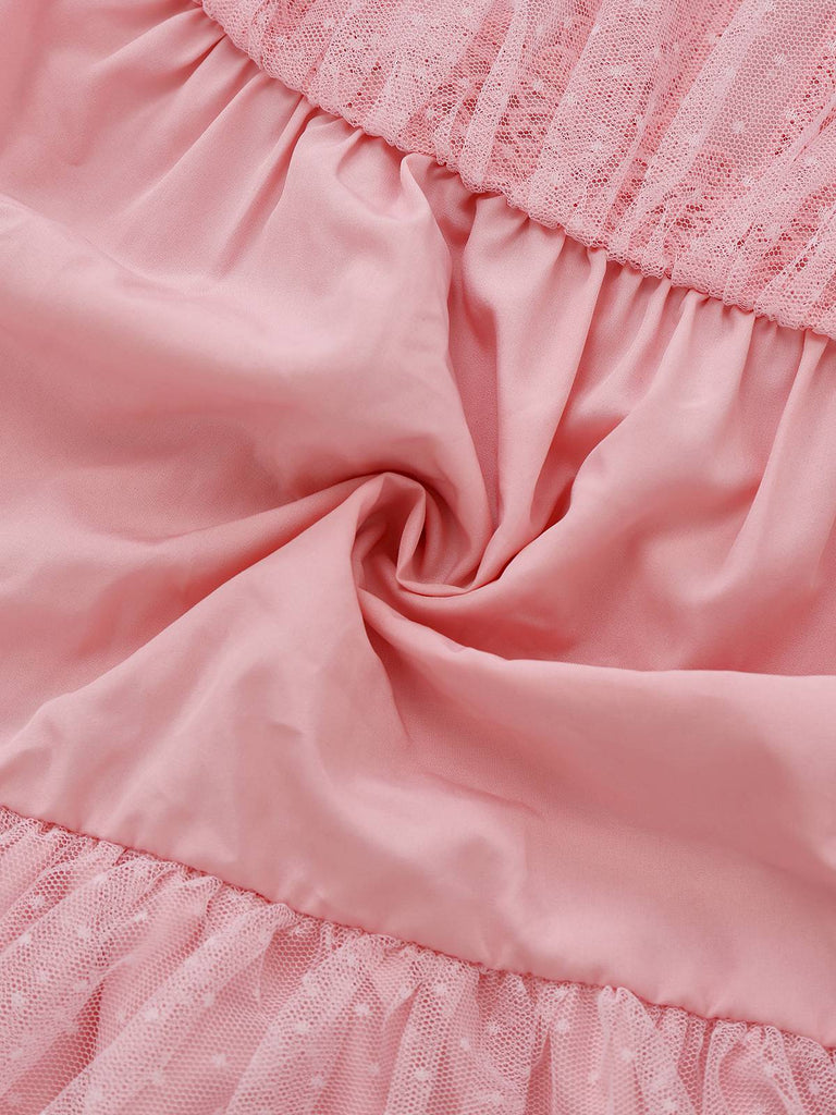 Abito in tulle senza maniche con fiocco in pizzo rosa anni '60