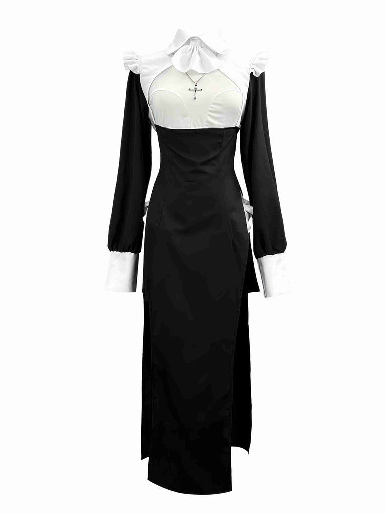 Abito da suora cosplay colorblock bianco e nero anni '60