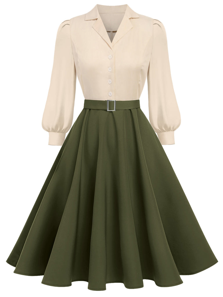 Abito color block con maniche lunghe cachi anni '50