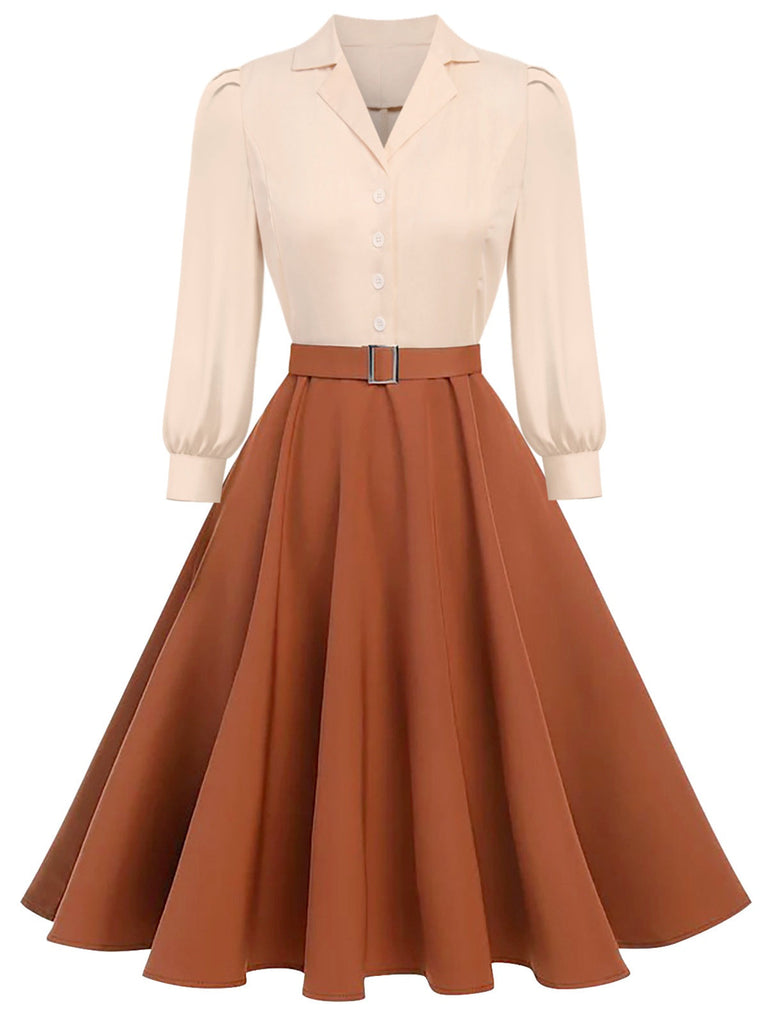 Abito color block con maniche lunghe cachi anni '50