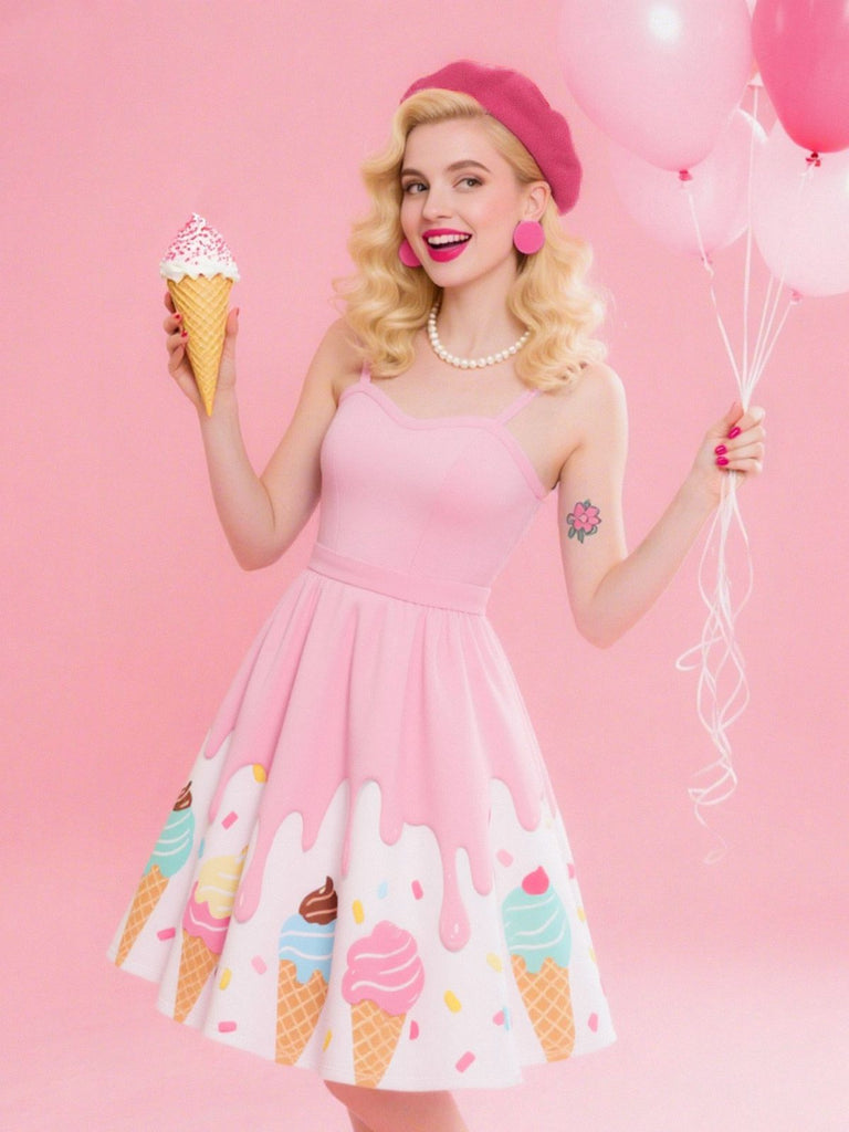 Abito stampa gelato con scollo a cuore rosa anni '50