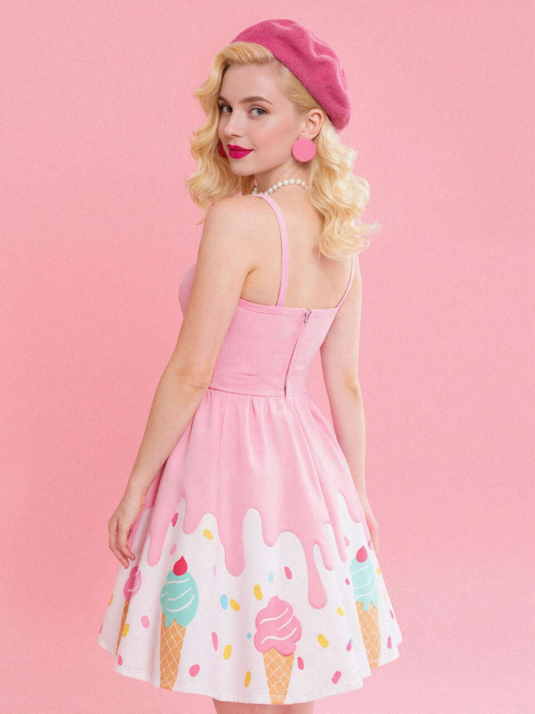 Abito stampa gelato con scollo a cuore rosa anni '50