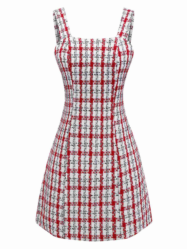 Abito gilet in tweed a quadri rosso anni '60