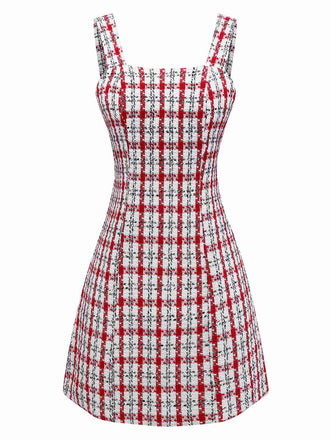 Abito gilet in tweed a quadri rosso anni '60