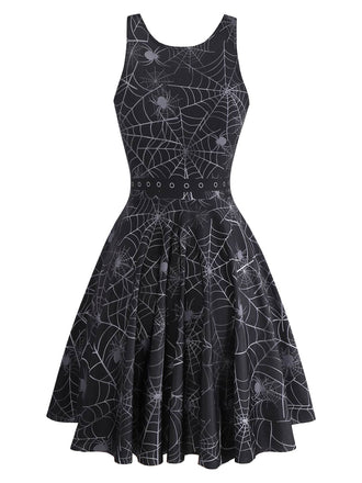 Abito senza maniche con ragnatela Halloween nero anni '50