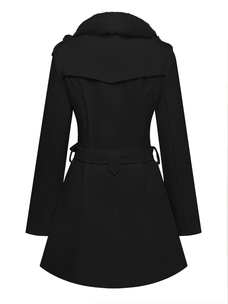 Cappotto con bottoni in pelliccia sintetica rimovibile nero anni '40