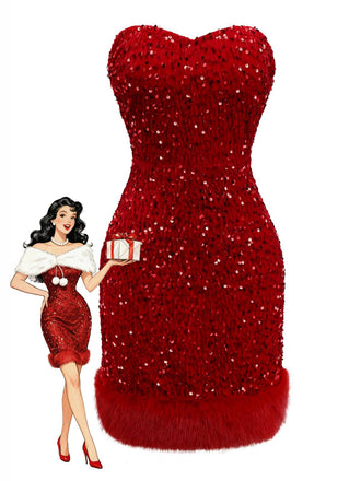 Abito in velluto con paillettes in pelliccia sintetica rosso anni '70