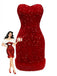 Abito in velluto con paillettes in pelliccia sintetica rosso anni '70