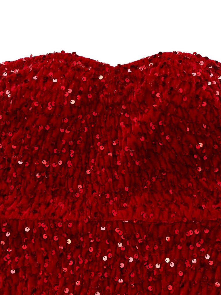 Abito in velluto con paillettes in pelliccia sintetica rosso anni '70