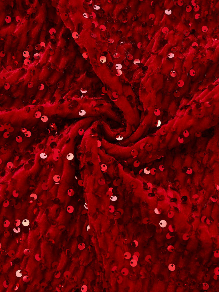 Abito in velluto con paillettes in pelliccia sintetica rosso anni '70